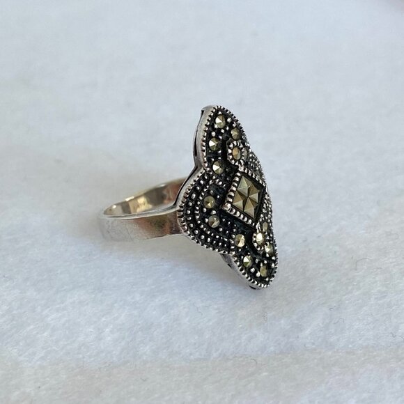 VTG Sterling Silver 925 Oxidized Art Deco Style Marcasite Band Ring Sz 6.75 - Picture 6 of 16